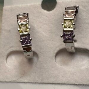 Multicolor Pastel Gemstone Hoop Huggie Earrings - Silver Tone